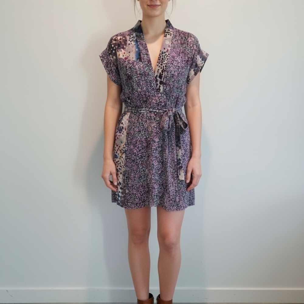 JUMA Mixed Print Short Sleeve Top Size 8 V-Neck Tie Waist Floral Abstract